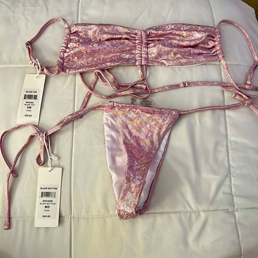 summer haus pink holographic bikini set